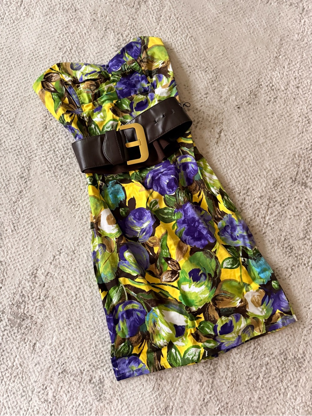 NEW Strapless Floral Sheath Dress in Yellow and Purple with Belt